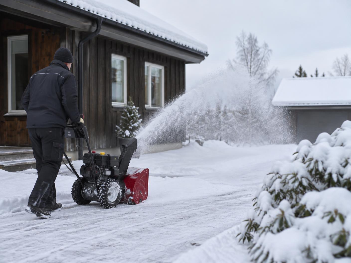 Snømåking med snøfreser ved en norsk bolig